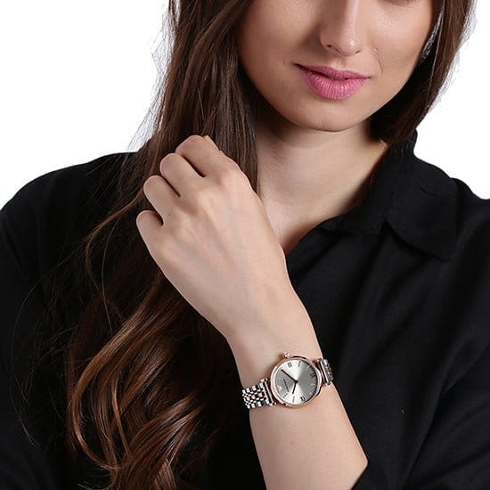 Emporio Armani Gianni T Bar Grey Dial Two Tone Steel Strap Watch For Women - AR1840