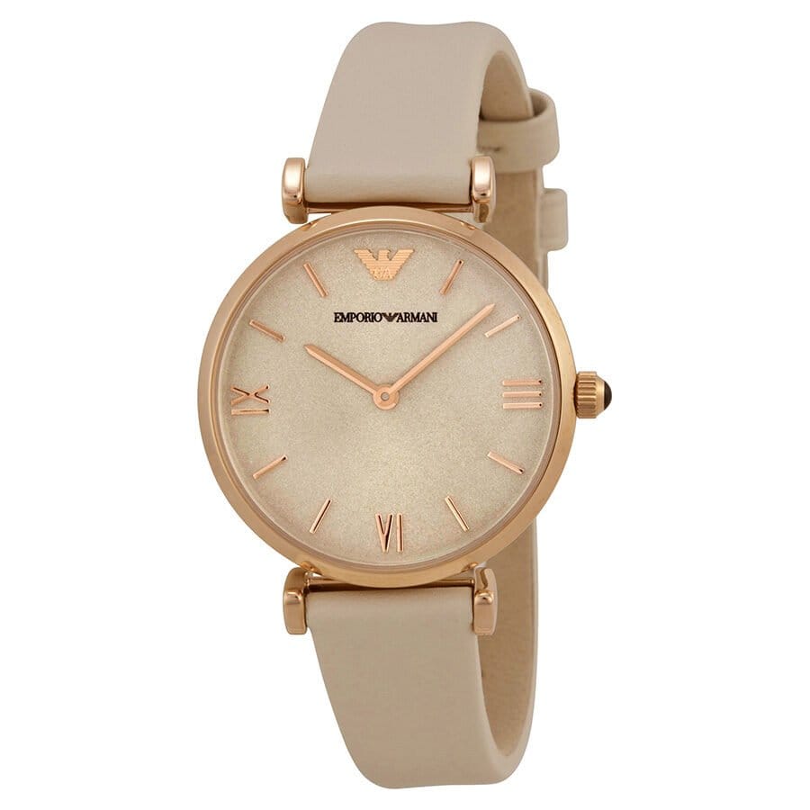 Emporio Armani Gianni T Bar Light Brown Dial White Leather Strap Watch For Women - AR1769