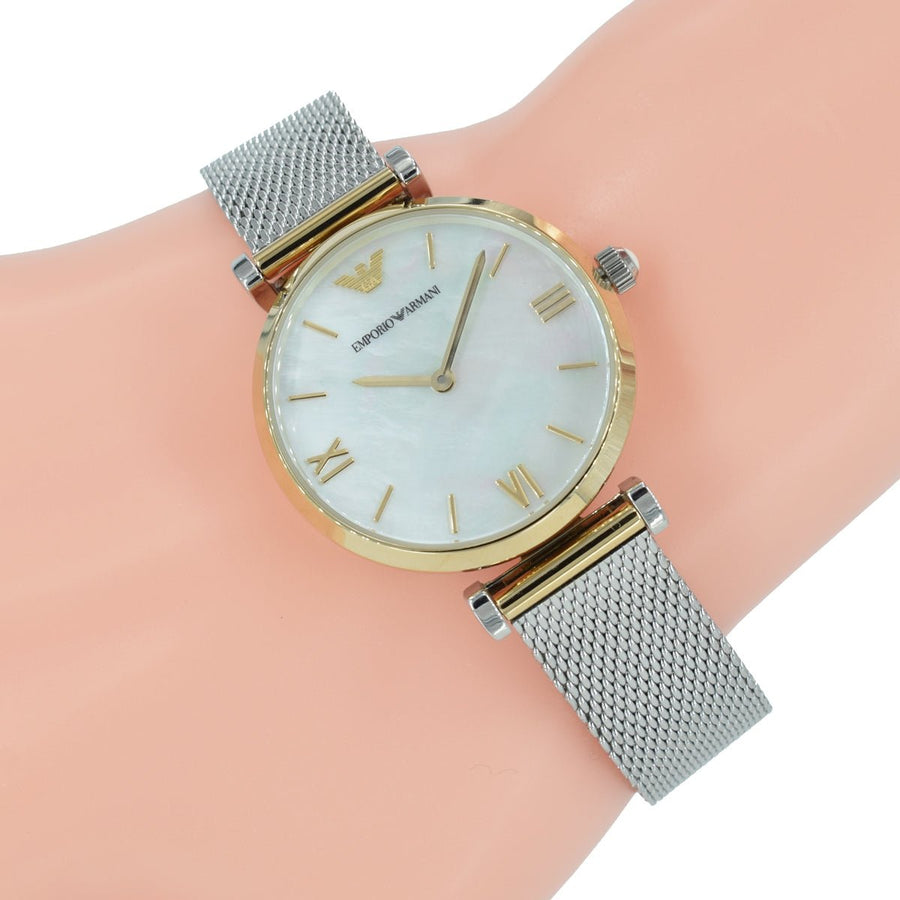 Emporio Armani Gianni T Bar Mother of Pearl Dial Silver Mesh Bracelet Watch For Women - AR2068