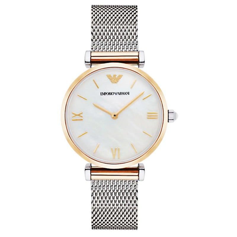Emporio Armani Gianni T Bar Mother of Pearl Dial Silver Mesh Bracelet Watch For Women - AR2068