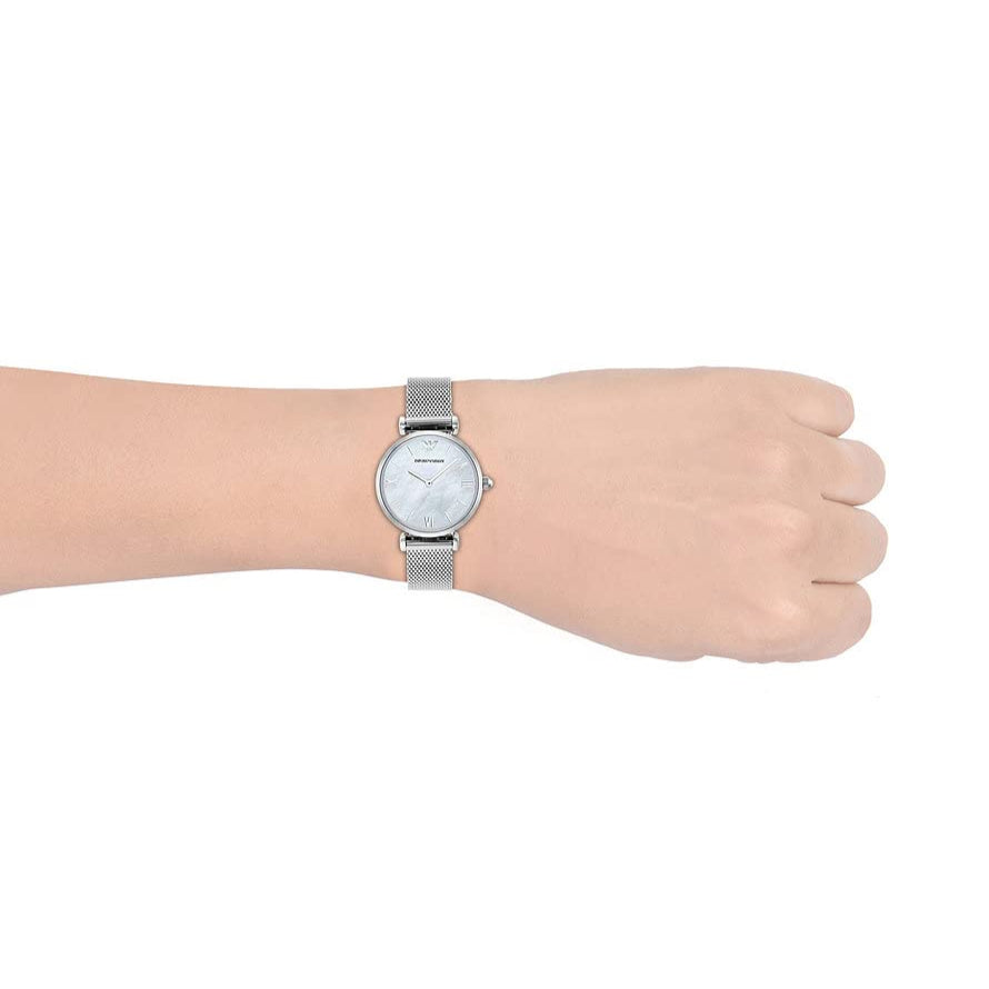 Emporio Armani Gianni T Bar Mother of Pearl Dial Silver Steel Strap Watch For Women - AR1955
