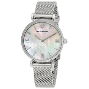 Emporio Armani Gianni T Bar Mother of Pearl Dial Silver Steel Strap Watch For Women - AR1955