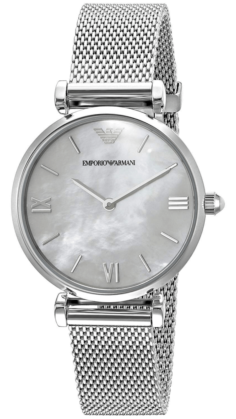 Emporio Armani Gianni T Bar Mother of Pearl Dial Silver Steel Strap Watch For Women - AR1955