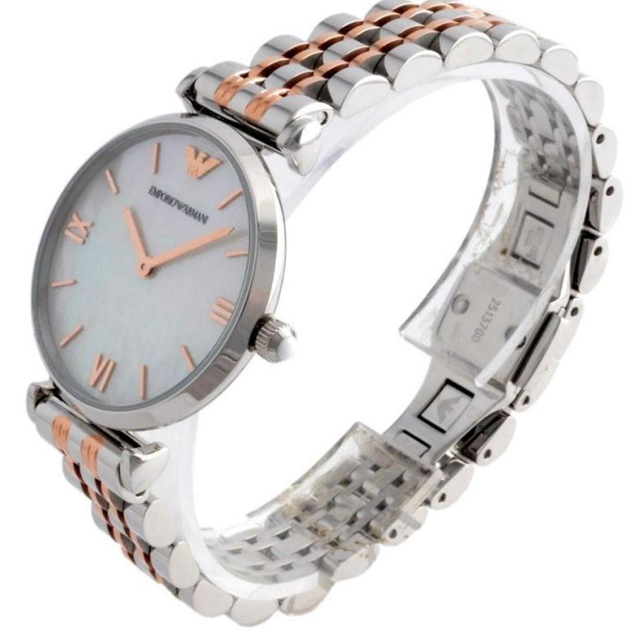 Emporio Armani Gianni T-Bar Mother of Pearl Dial Two Tone Steel Strap Watch For Women - AR1987