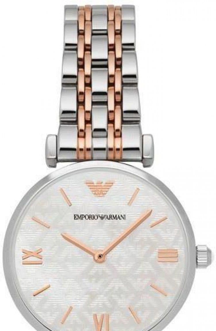 Emporio Armani Gianni T-Bar Mother of Pearl Dial Two Tone Steel Strap Watch For Women - AR1987