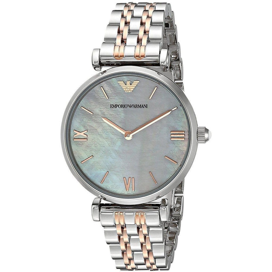 Emporio Armani Gianni T-Bar Mother of Pearl Dial Two Tone Steel Strap Watch For Women - AR1987