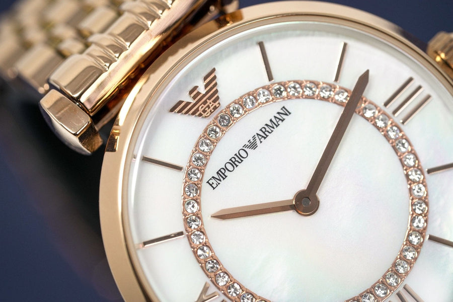 Emporio Armani Gianni T Bar Mother of Pearl Rose Gold Stainless Steel Strap Watch For Women - AR1909