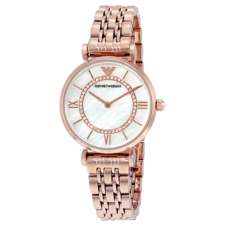 Emporio Armani Gianni T Bar Mother of Pearl Rose Gold Stainless Steel Strap Watch For Women - AR1909