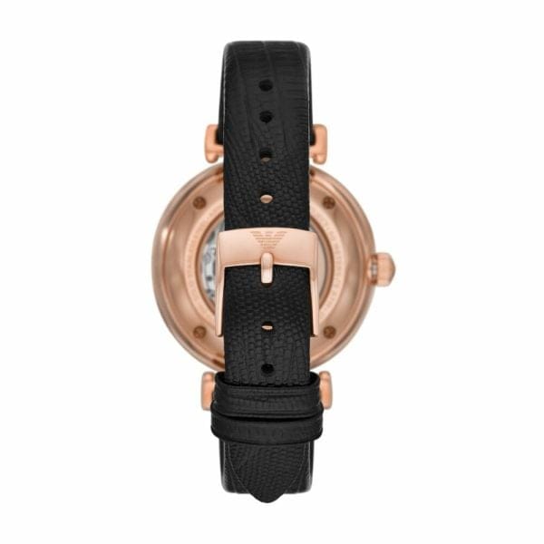 Emporio Armani Gianni T Bar Mother of Pearl White Dial Black Leather Strap Watch For Women - AR60047