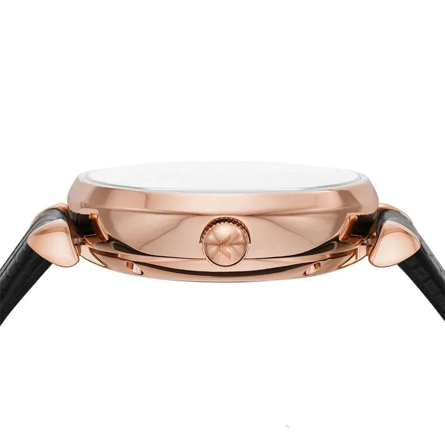 Emporio Armani Gianni T Bar Mother of Pearl White Dial Black Leather Strap Watch For Women - AR60047