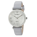 Emporio Armani Gianni T-Bar Mother Of Pearl White Dial Grey Leather Strap Watch For Women - AR11039