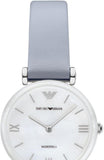 Emporio Armani Gianni T-Bar Mother Of Pearl White Dial Grey Leather Strap Watch For Women - AR11039
