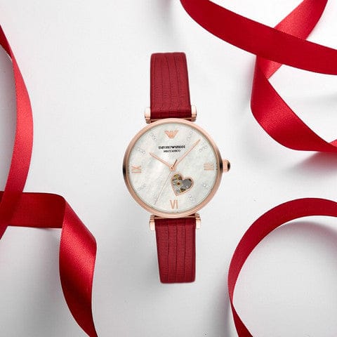 Emporio Armani Gianni T-Bar Mother of Pearl White Dial Red Leather Strap Watch For Women - AR60048