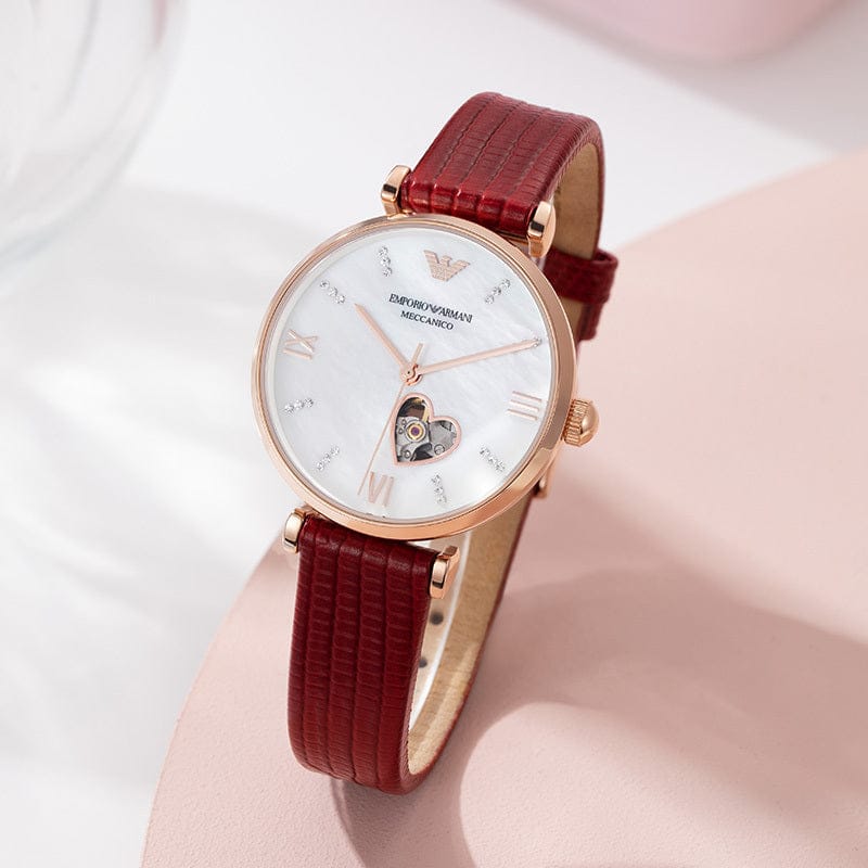 Emporio Armani Gianni T-Bar Mother of Pearl White Dial Red Leather Strap Watch For Women - AR60048