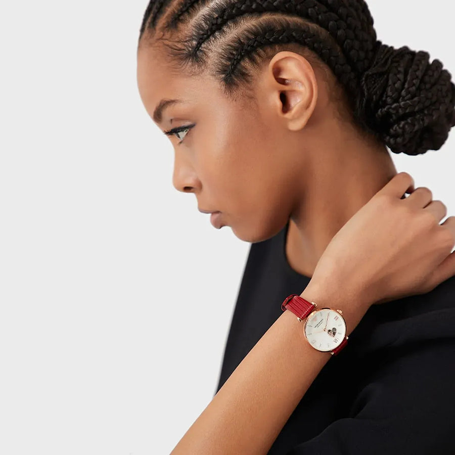 Emporio Armani Gianni T-Bar Mother of Pearl White Dial Red Leather Strap Watch For Women - AR60048
