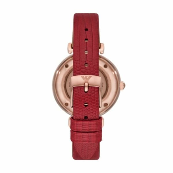 Emporio Armani Gianni T-Bar Mother of Pearl White Dial Red Leather Strap Watch For Women - AR60048