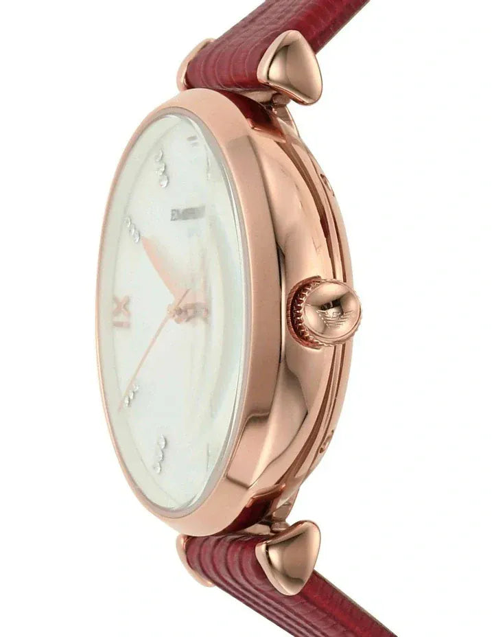Emporio Armani Gianni T-Bar Mother of Pearl White Dial Red Leather Strap Watch For Women - AR60048