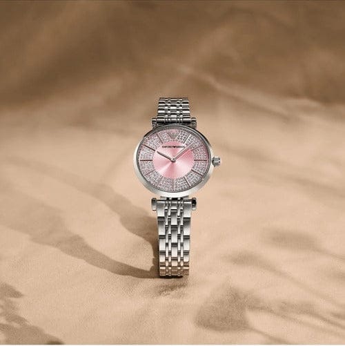 Emporio Armani Gianni T-Bar Pink Dial Silver Steel Strap Watch for Women - AR11686