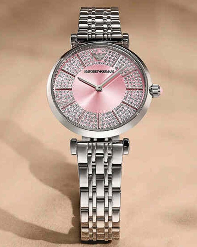 Emporio Armani Gianni T-Bar Pink Dial Silver Steel Strap Watch for Women - AR11686