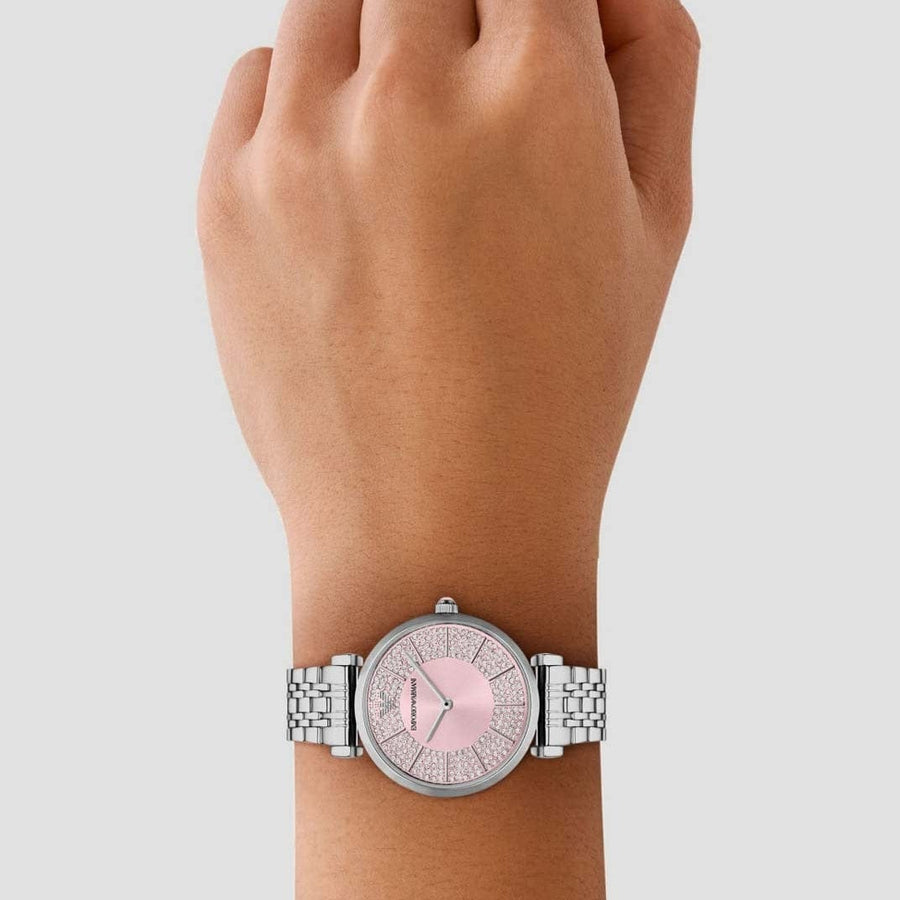 Emporio Armani Gianni T-Bar Pink Dial Silver Steel Strap Watch for Women - AR11686