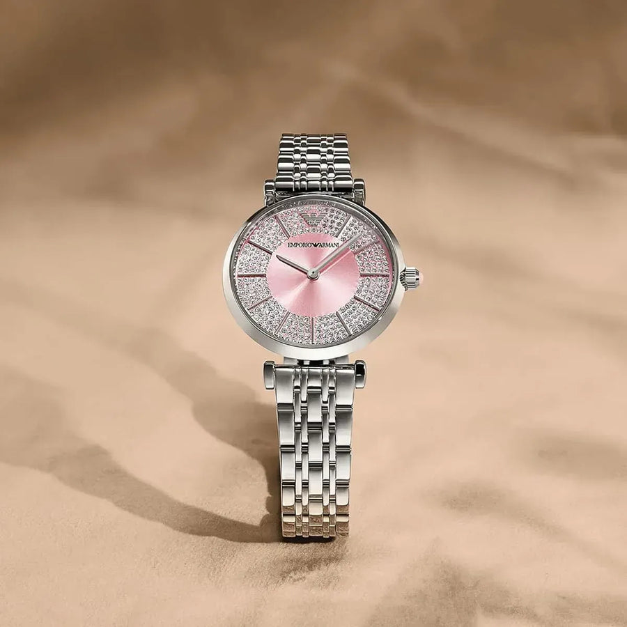 Emporio Armani Gianni T-Bar Pink Dial Silver Steel Strap Watch for Women - AR11686
