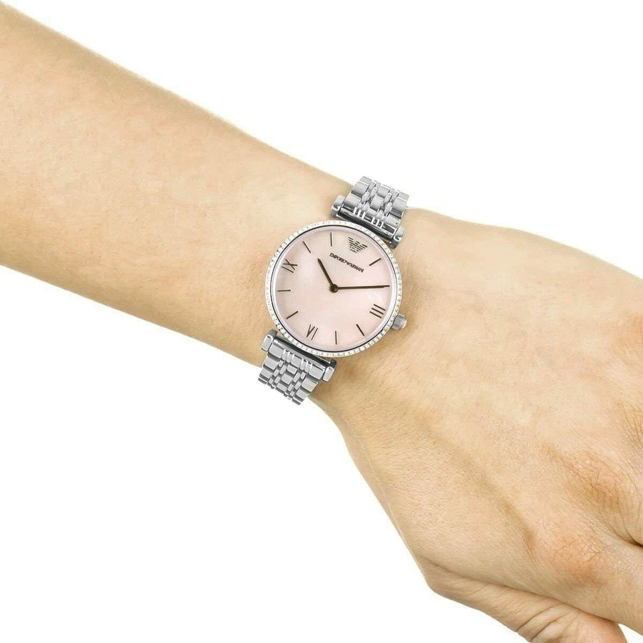 Emporio Armani Gianni T Bar Pink Mother of Pearl Dial Silver Steel Strap Watch For Women - AR1779