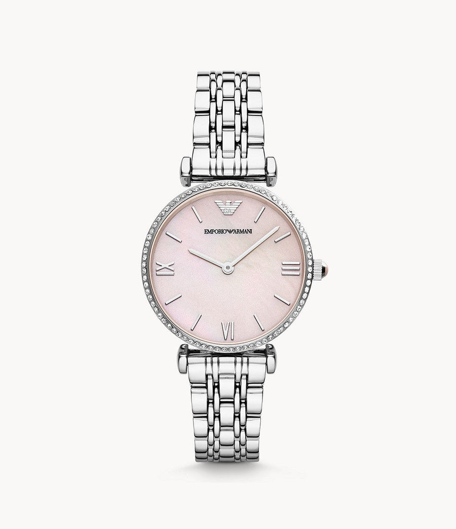 Emporio Armani Gianni T Bar Pink Mother of Pearl Dial Silver Steel Strap Watch For Women - AR1779