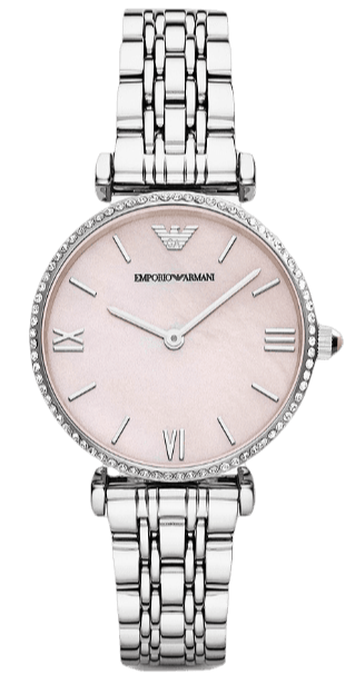 Emporio Armani Gianni T Bar Pink Mother of Pearl Dial Silver Steel Strap Watch For Women - AR1779