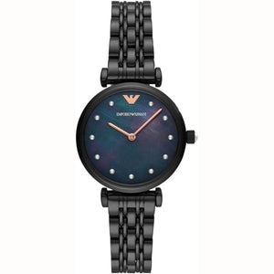 Emporio Armani Gianni T-Bar Quartz Black Mother of Pearl Dial Black Steel Strap Watch For Women - AR11268