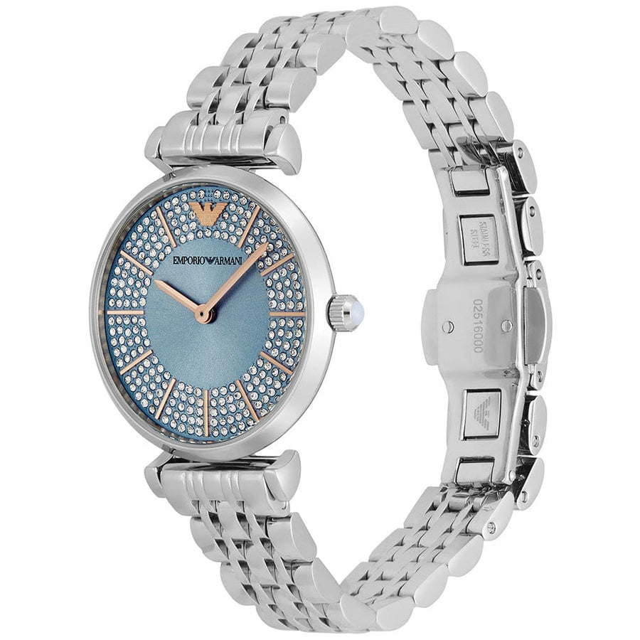 Emporio Armani Gianni T-Bar Quartz Blue Dial Silver Steel Strap Watch For Women - AR11594