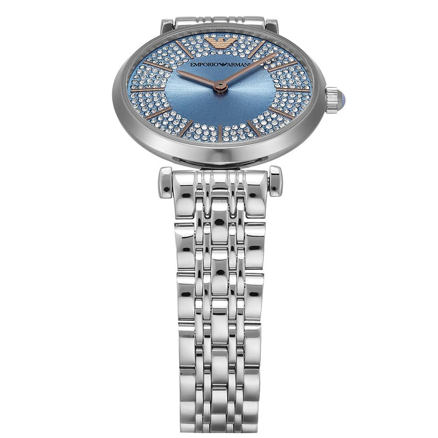 Emporio Armani Gianni T-Bar Quartz Blue Dial Silver Steel Strap Watch For Women - AR11594