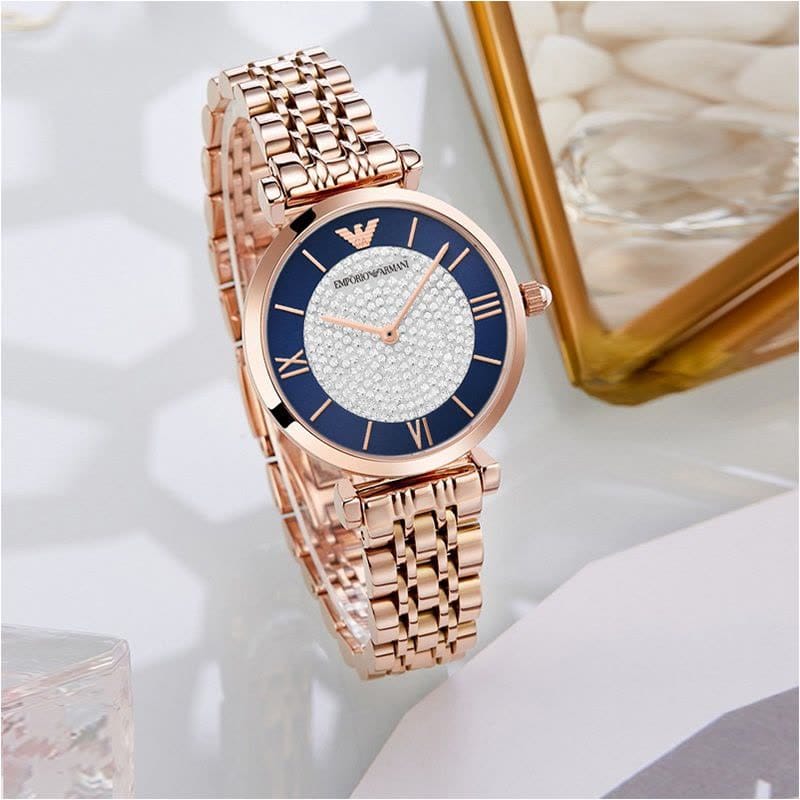 Emporio Armani Gianni T-Bar Quartz Crystals Black Dial Gold Steel Strap Watch For Women - AR11423