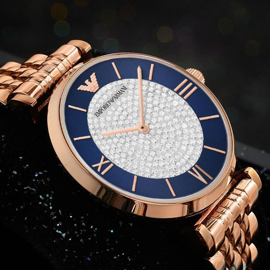 Emporio Armani Gianni T-Bar Quartz Crystals Black Dial Gold Steel Strap Watch For Women - AR11423