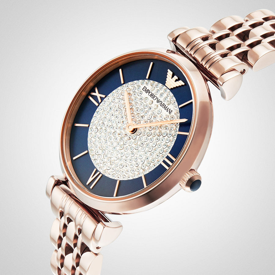 Emporio Armani Gianni T-Bar Quartz Crystals Black Dial Gold Steel Strap Watch For Women - AR11423