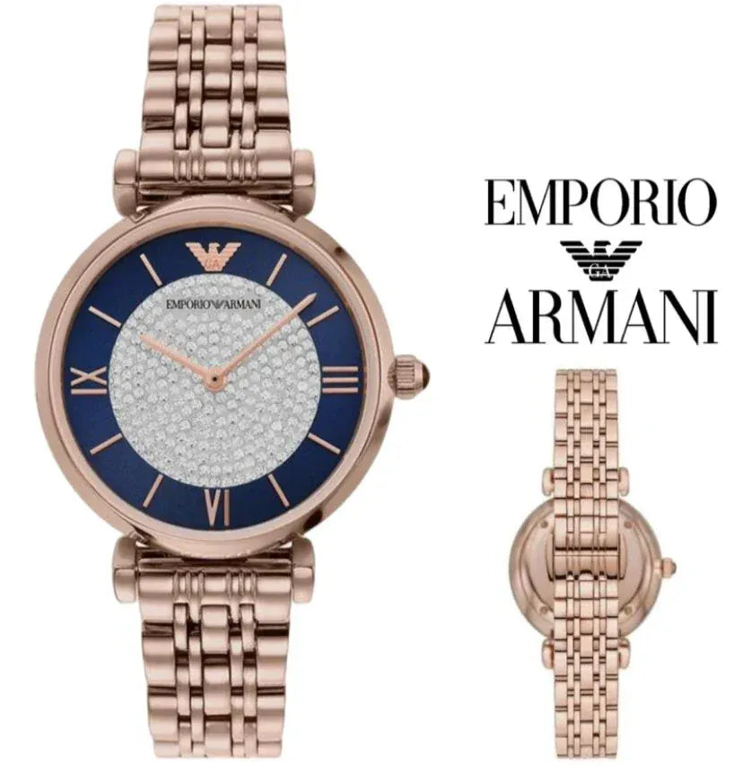 Emporio Armani Gianni T-Bar Quartz Crystals Black Dial Gold Steel Strap Watch For Women - AR11423