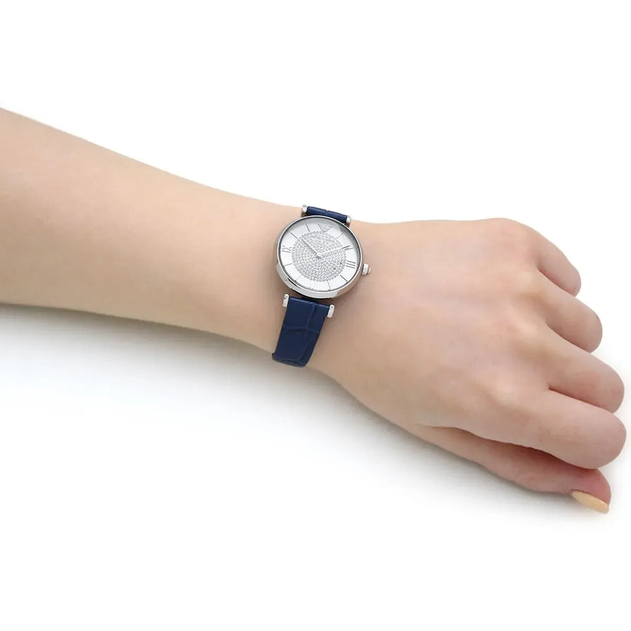 Emporio Armani Gianni T Bar Quartz Crystals Silver Dial Blue Leather Strap Watch For Women - AR11344