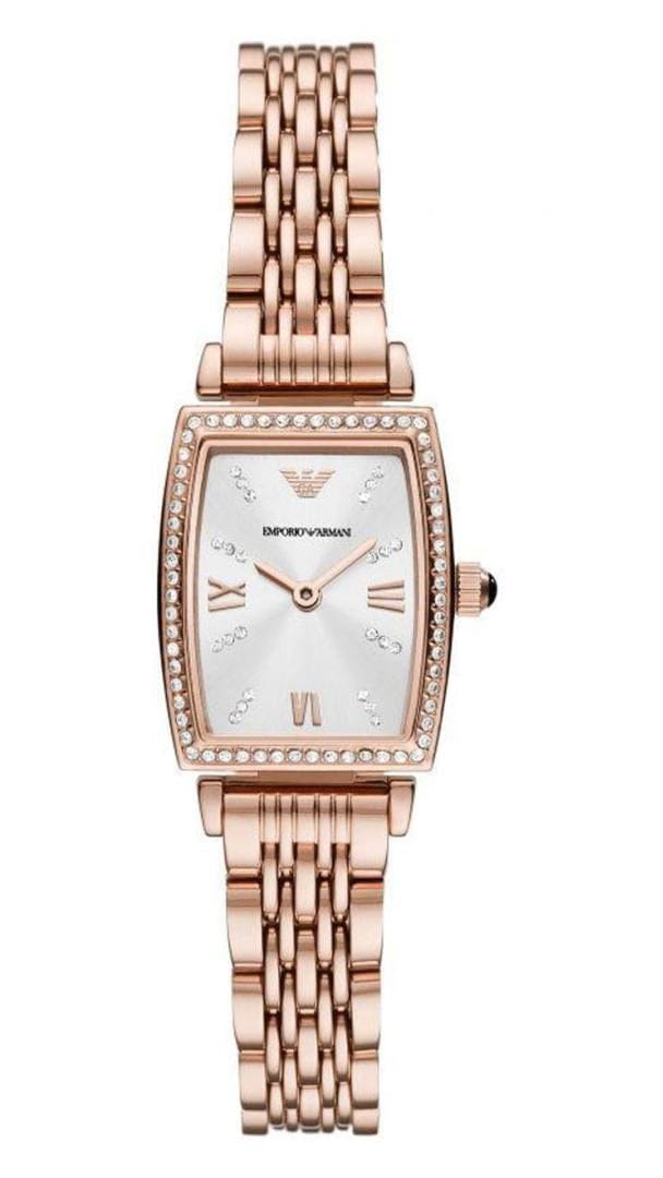Emporio Armani Gianni T Bar Quartz Crystals White Dial Rose Gold Steel Strap Watch For Women - AR11406