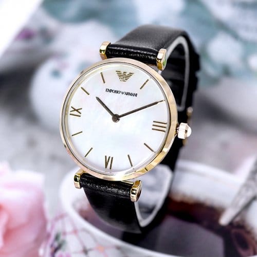 Emporio Armani Gianni T-Bar Quartz Mother of Pearl Dial Black Leather Strap Watch For Women - AR1910