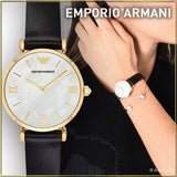 Emporio Armani Gianni T-Bar Quartz Mother of Pearl Dial Black Leather Strap Watch For Women - AR1910