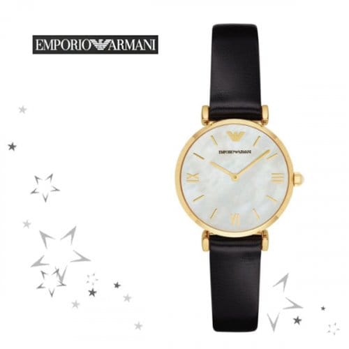 Emporio Armani Gianni T-Bar Quartz Mother of Pearl Dial Black Leather Strap Watch For Women - AR1910
