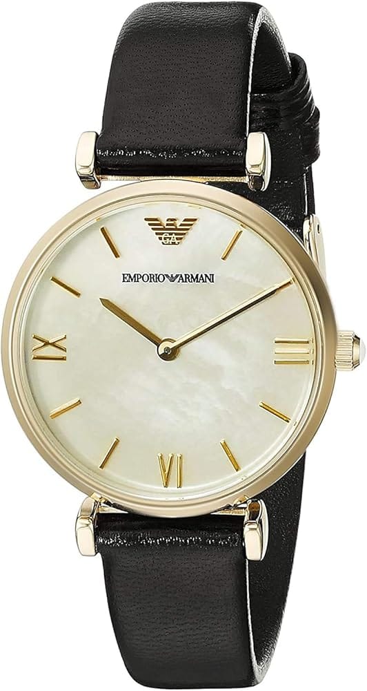 Emporio Armani Gianni T-Bar Quartz Mother of Pearl Dial Black Leather Strap Watch For Women - AR1910