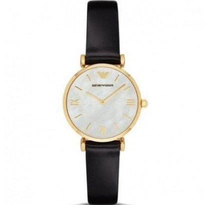 Emporio Armani Gianni T-Bar Quartz Mother of Pearl Dial Black Leather Strap Watch For Women - AR1910