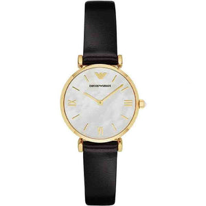 Emporio Armani Gianni T-Bar Quartz Mother of Pearl Dial Black Leather Strap Watch For Women - AR1910