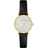 Emporio Armani Gianni T-Bar Quartz Mother of Pearl Dial Black Leather Strap Watch For Women - AR1910