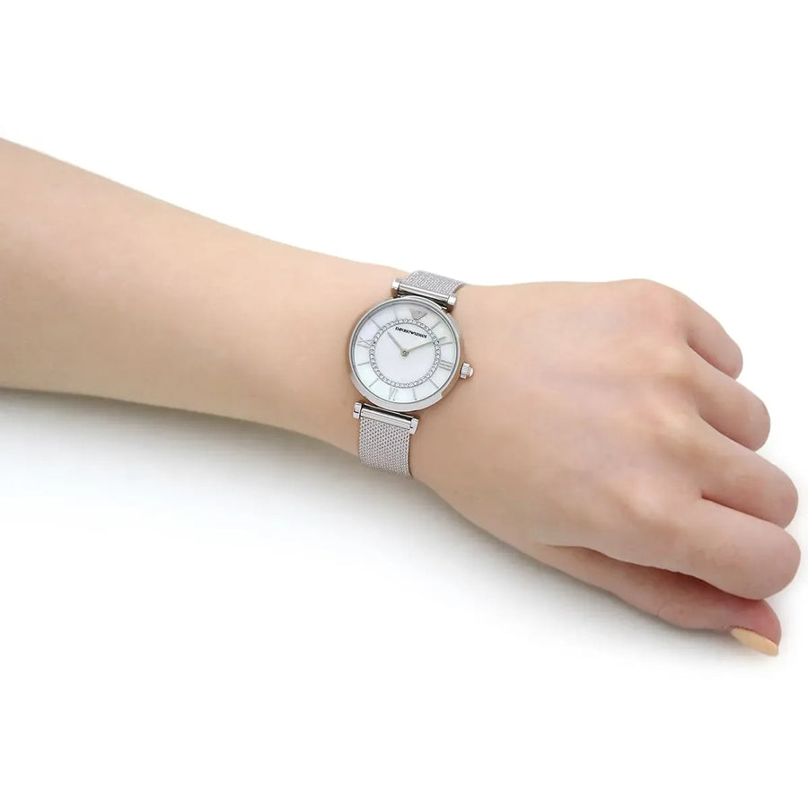 Emporio Armani Gianni T-Bar Quartz Mother of Pearl Dial Silver Mesh Bracelet Watch For Women - AR11319