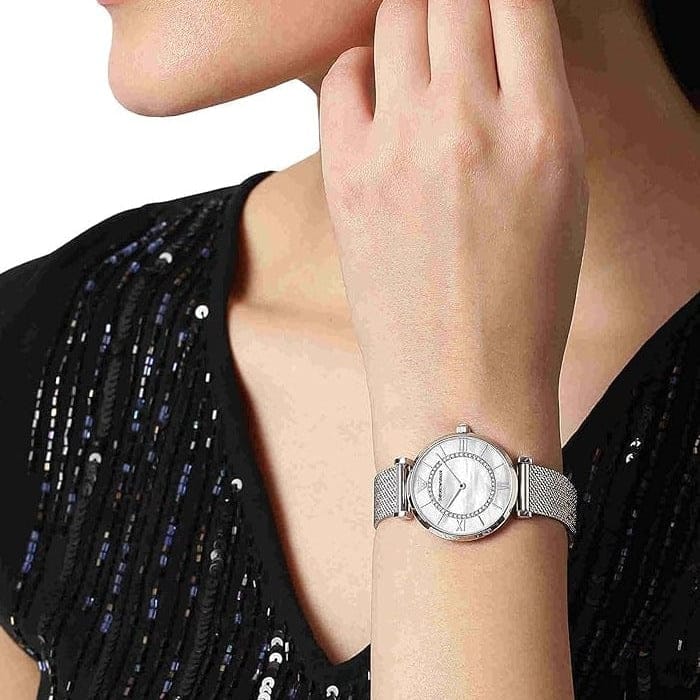 Emporio Armani Gianni T-Bar Quartz Mother of Pearl Dial Silver Mesh Bracelet Watch For Women - AR11319