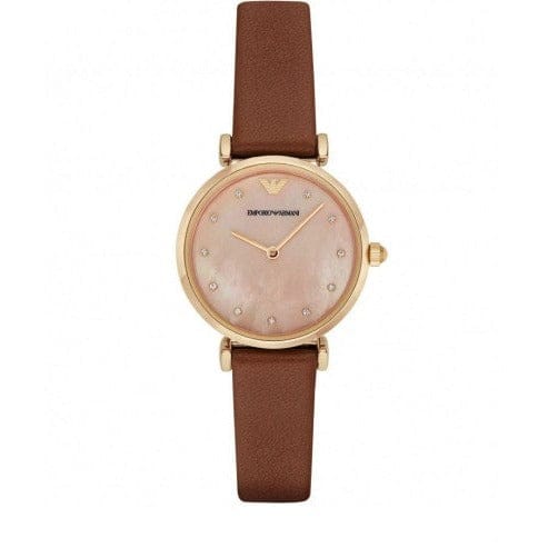 Emporio Armani Gianni T Bar Quartz Pink Mother of Pearl Dial Brown Leather Strap Watch For Women - AR1960