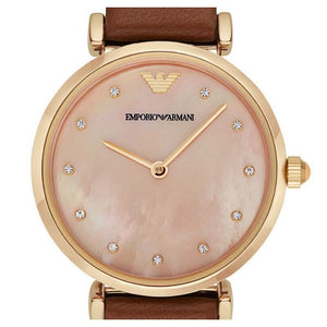 Emporio Armani Gianni T Bar Quartz Pink Mother of Pearl Dial Brown Leather Strap Watch For Women - AR1960