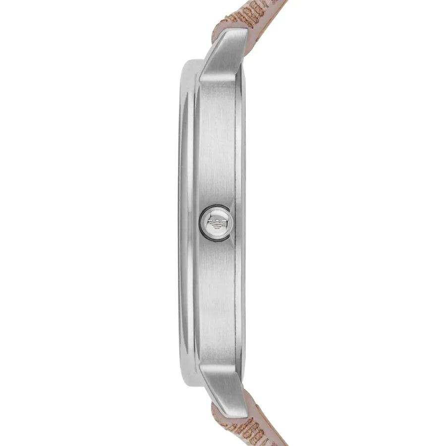 Emporio Armani Gianni T Bar Quartz Silver Dial Beige Leather Strap Watch For Women - AR80007
