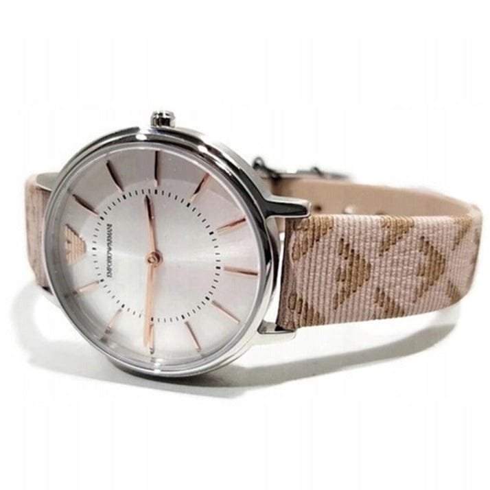 Emporio Armani Gianni T Bar Quartz Silver Dial Beige Leather Strap Watch For Women - AR80007